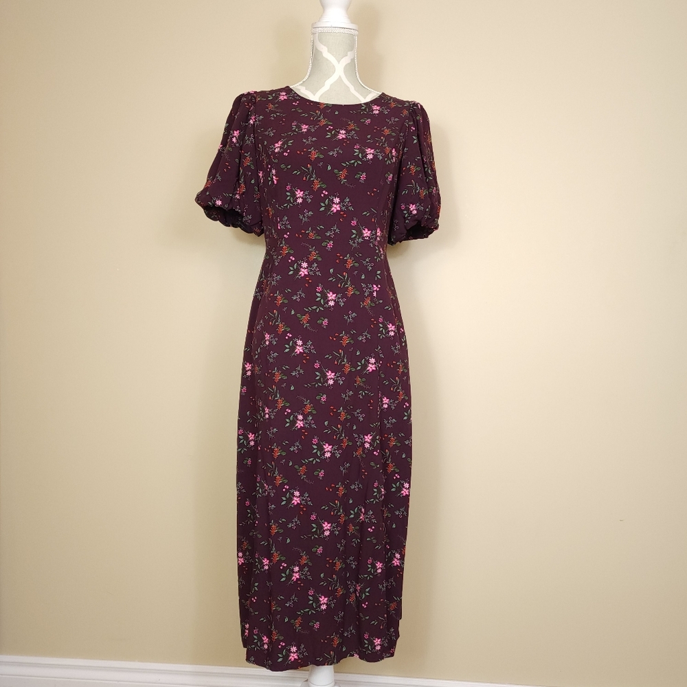 ​NWT Old Navy Floral Maxi Dress Puff Sleeve Cutout Split M Petite Burgundy - Picture 4 of 12